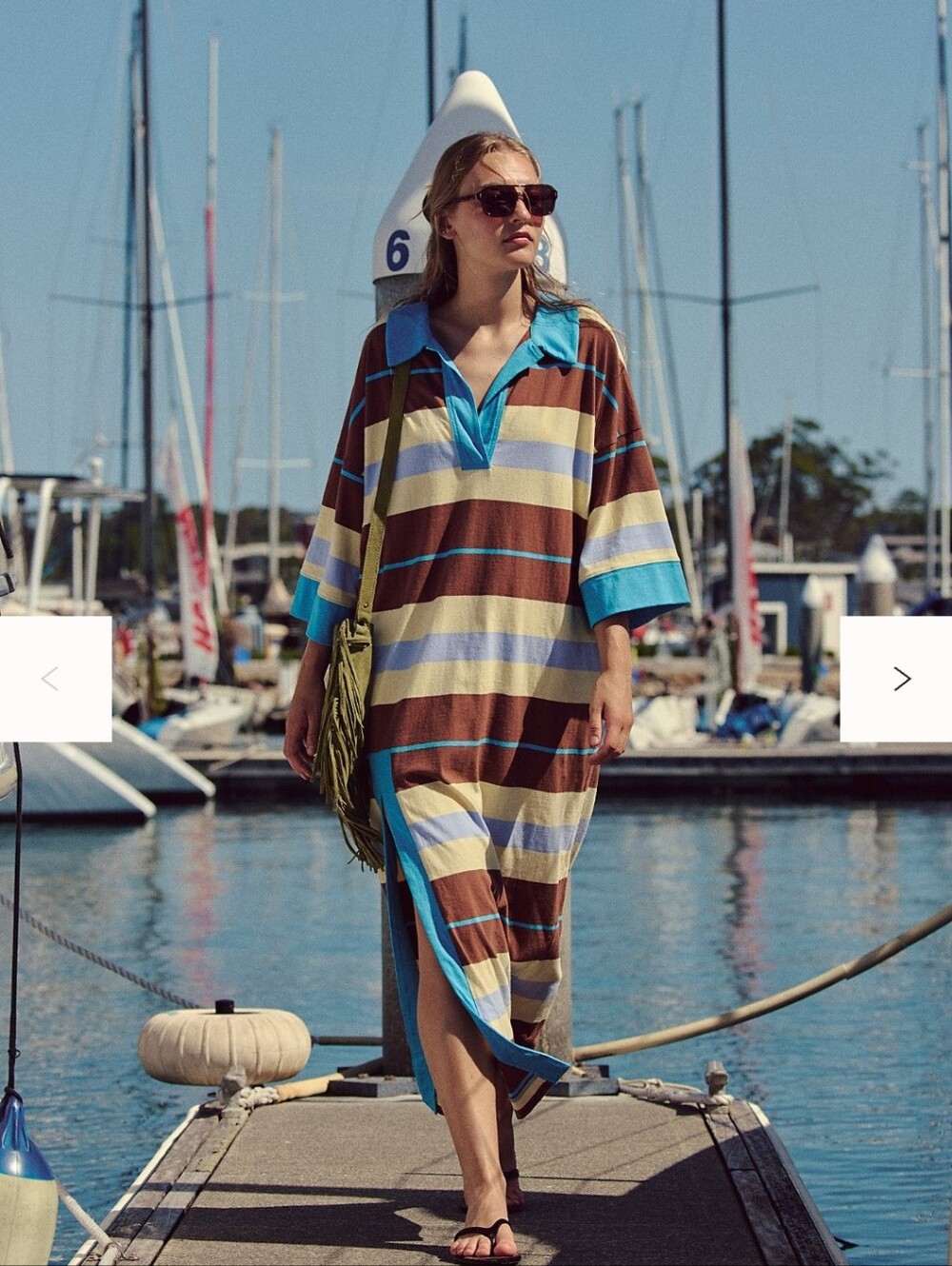 Free People Oversized Striped Blue-Brown Maxi Dress with Collar Size S-XL